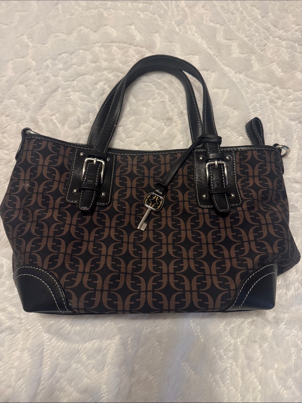 Vintage Fossil handbag classic Brown with Fossil Key Charm Black Leather Trim